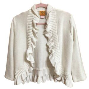 Ruby Rd Women's White Open Front Ruffle 3/4 Sleeve Cardigan Sweater Medium Pet